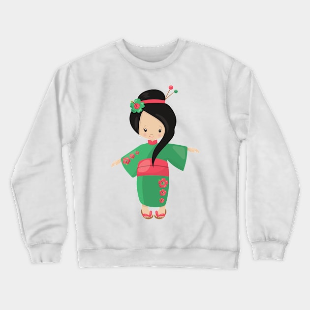 Japanese Girl, Japan, Cute Girl, Green Kimono Crewneck Sweatshirt by Jelena Dunčević